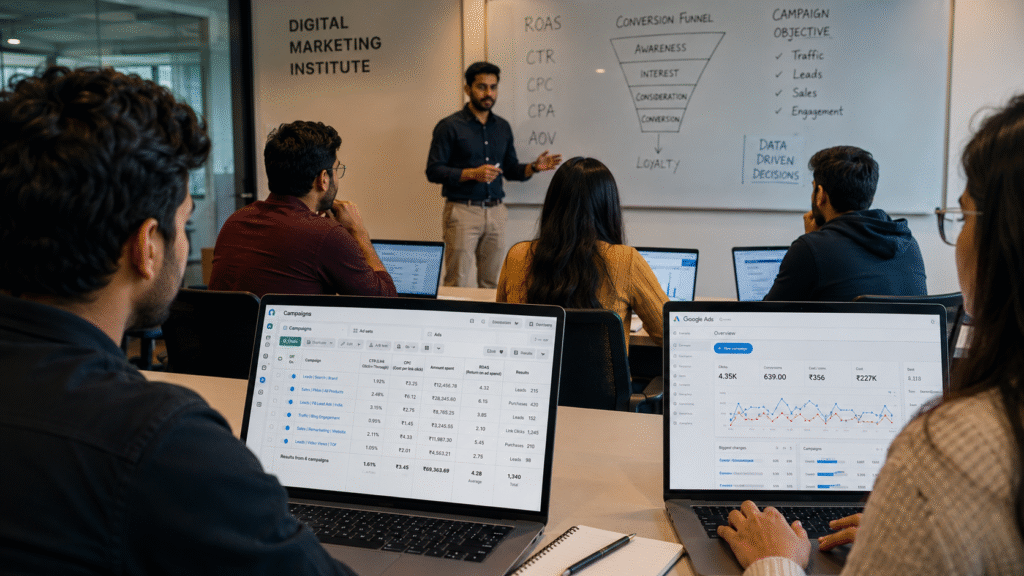 Performance marketing course classroom in Pune — students learning Meta Ads and Google Ads with live campaign data