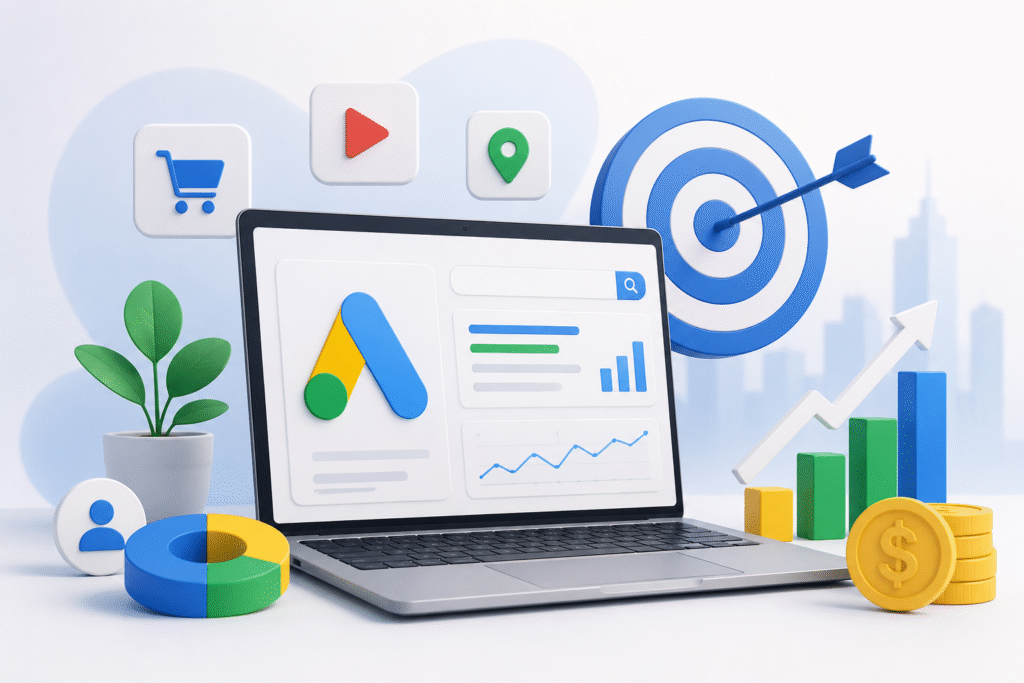 Google Ads dashboard with digital marketing analytics, targeting, and business growth concepts
