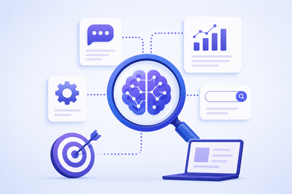 Generative Engine Optimization (GEO) concept with AI search, analytics, and digital content optimization illustration.