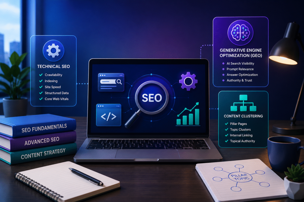 Modern SEO learning workspace with analytics dashboard, technical SEO, AI search optimization, and content clustering concept illustration.