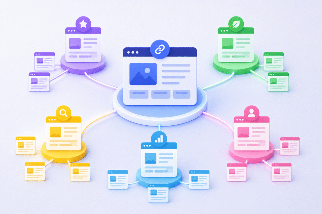 Illustration of a central webpage connected to multiple related content clusters, representing topic clustering and internal linking for SEO.