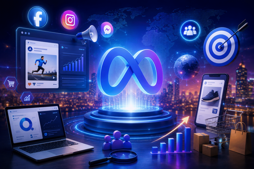 Meta Ads marketing dashboard with audience targeting, analytics, social media advertising, and e-commerce growth tools.