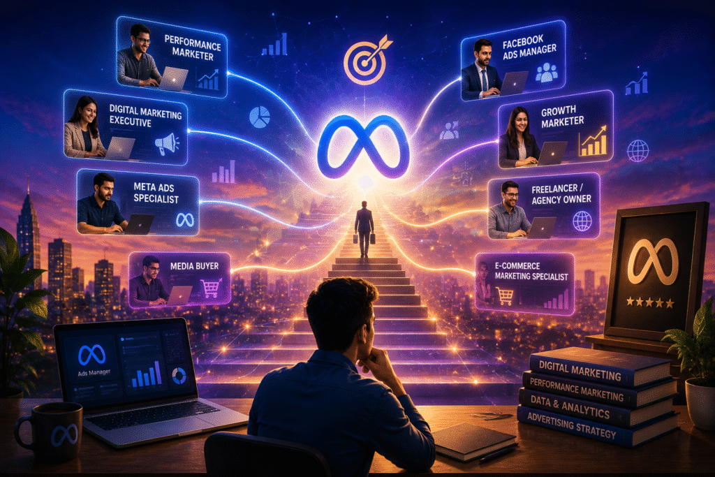 Career opportunities after Meta Ads training, showcasing roles such as Performance Marketer, Facebook Ads Manager, Growth Marketer, Media Buyer, Meta Ads Specialist, Freelancer, and E-commerce Marketing Specialist.