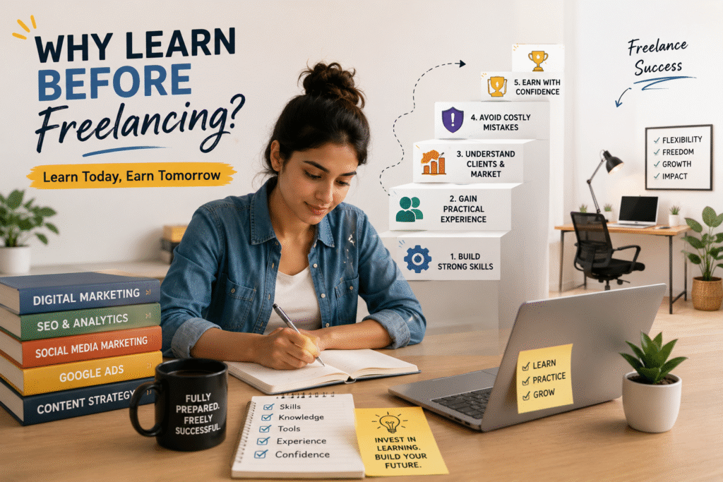 Student learning digital marketing skills before starting a freelance career in a modern workspace.