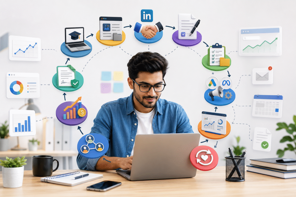 Freelance digital marketing workflow showing client acquisition, proposals, campaign management, reporting, and business growth.