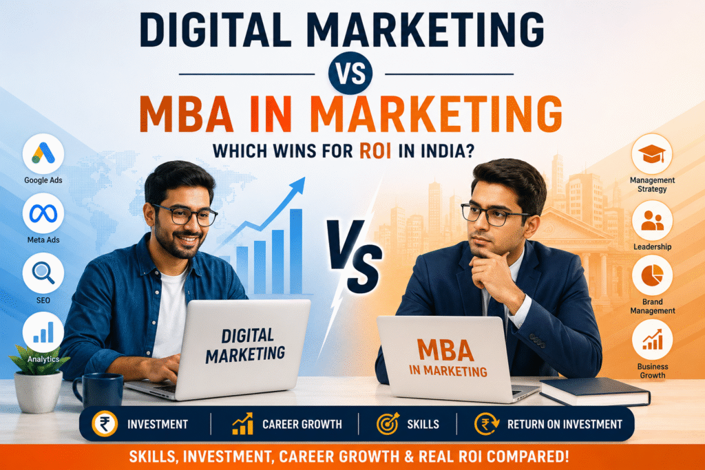 Digital Marketing vs MBA in Marketing comparison showing ROI, career growth, skills, and job opportunities in India