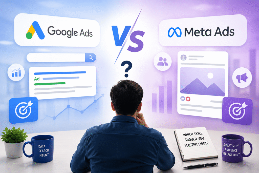 Professional comparing Google Ads and Meta Ads dashboards to choose the best digital advertising skill to learn first.