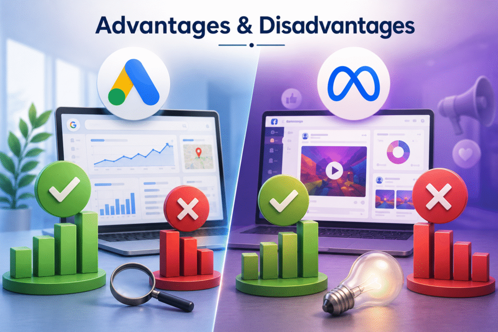 Visual comparison of Google Ads and Meta Ads advantages and disadvantages for digital marketing.