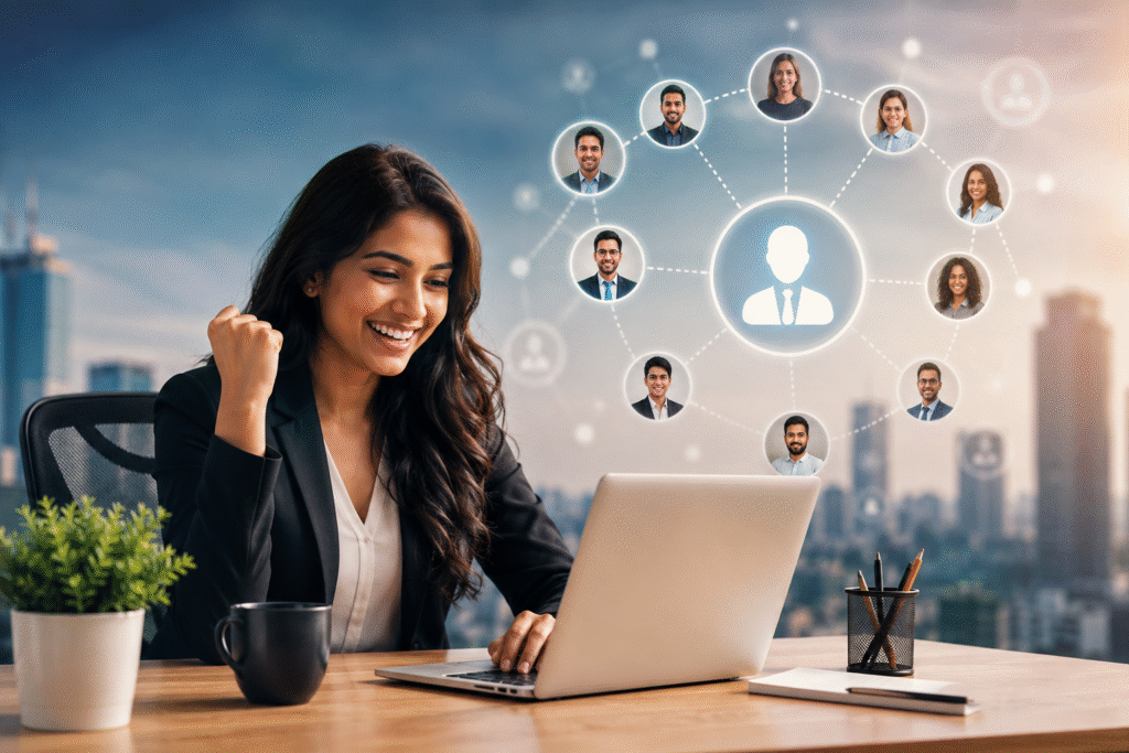 Young professional celebrating a job opportunity with laptop and recruitment network, representing unlimited placement assistance.
