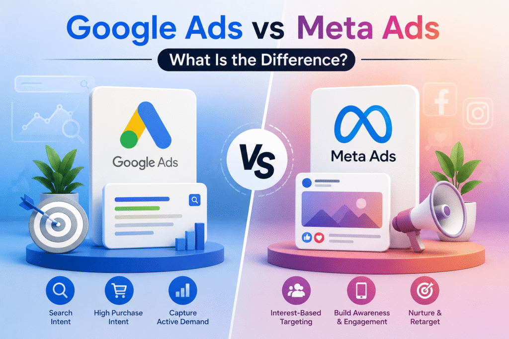 Google Ads vs Meta Ads comparison showing search and audience targeting.