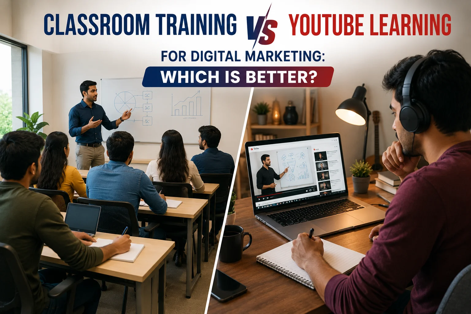 Classroom training vs YouTube learning for digital marketing showing an instructor teaching students in a classroom alongside a student learning online from a laptop.